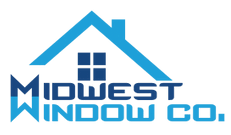 Midwest Window Company Logo: Blue house outline with window,