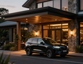 Black SUV parked under a warmly lit hotel entrance at dusk