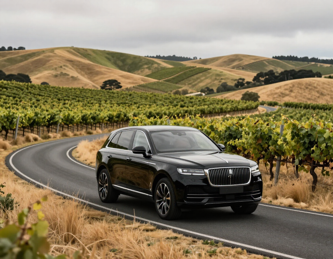 Black SUV driving on a winding road beside vineyards and rolling hills under a cloudy sky