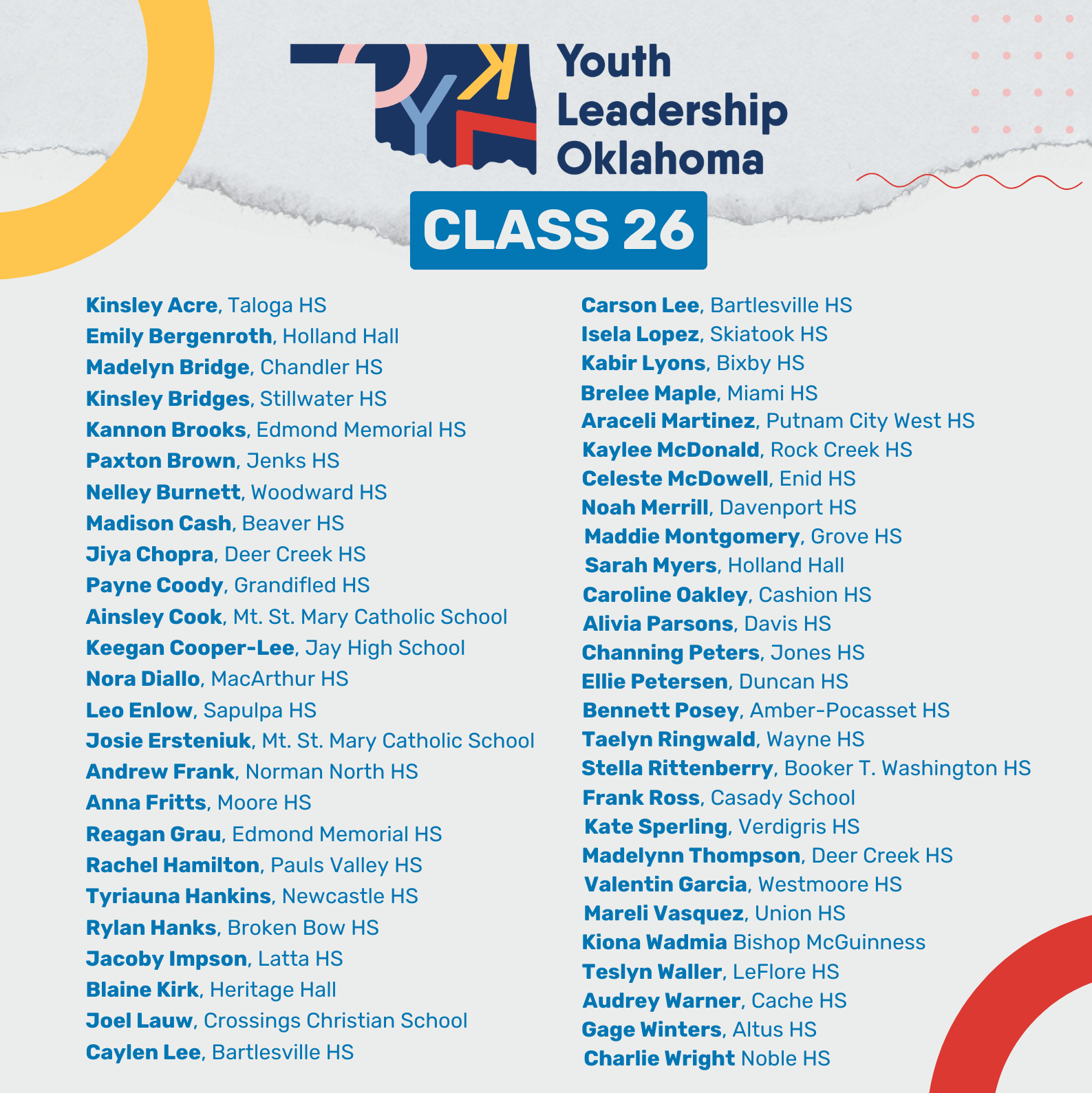 Youth Leadership Oklahoma Class 26 Announcement