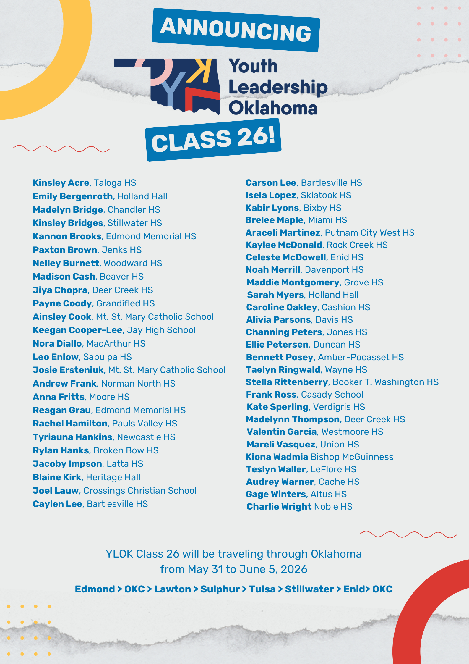 Youth Leadership Oklahoma Class 26 Announcement