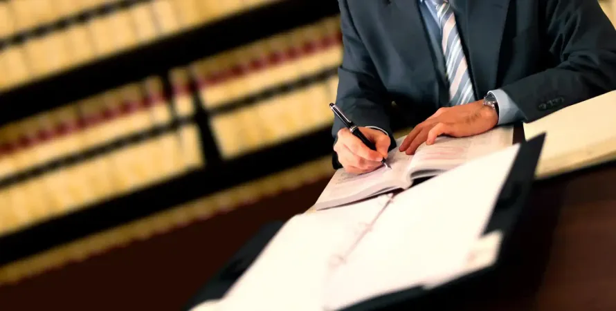 Persona in giacca e cravatta che scrive su un libro, con libri legali sullo sfondo.