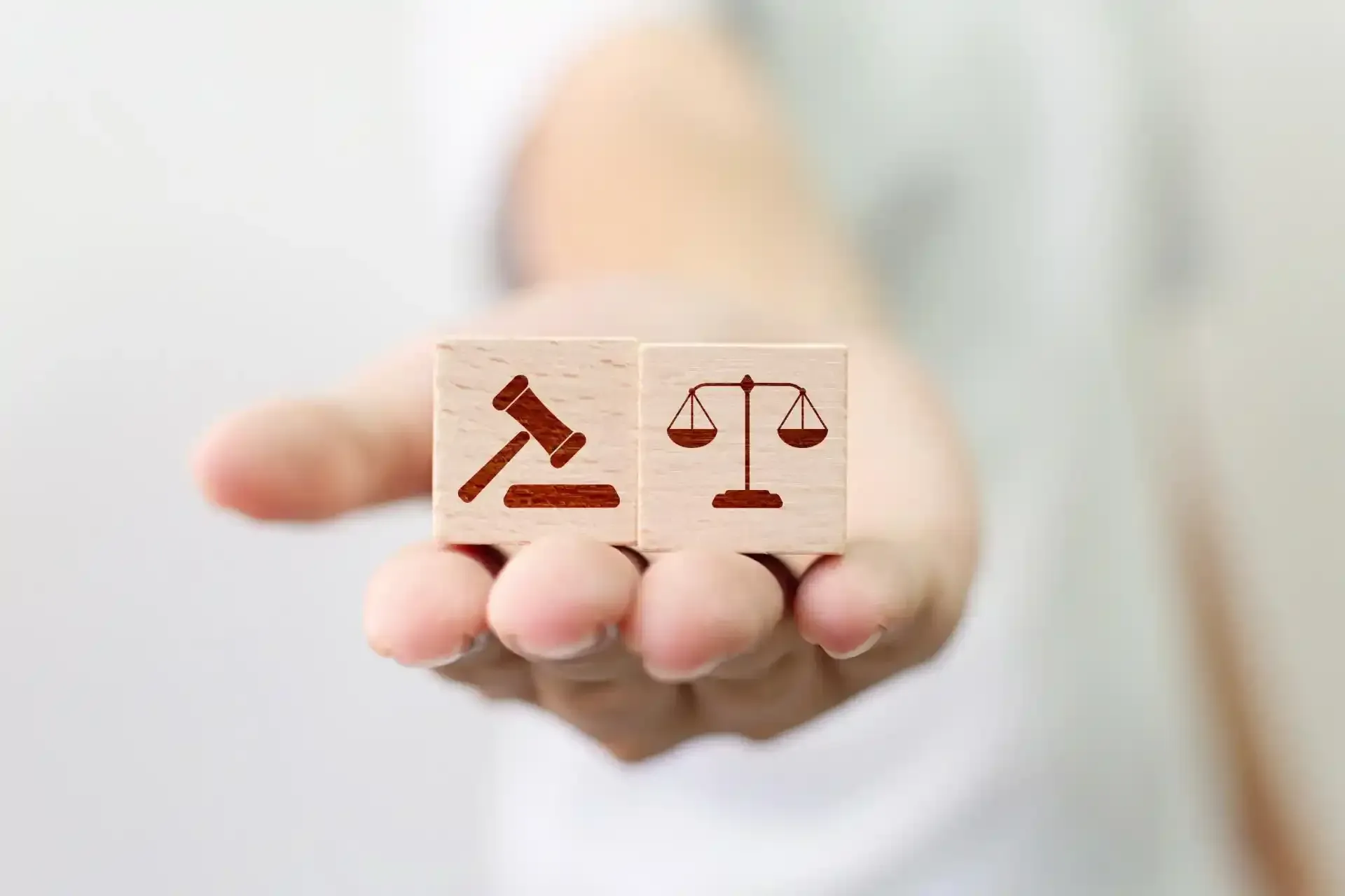 Mano che regge due blocchi di legno con i simboli della legge: martelletto e bilancia.
