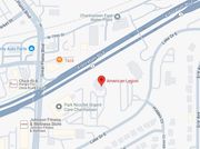 Map showing the location of the American Legion. Other businesses shown include Auto Parts, Taza, Chick-fil-A, and a fitness store.