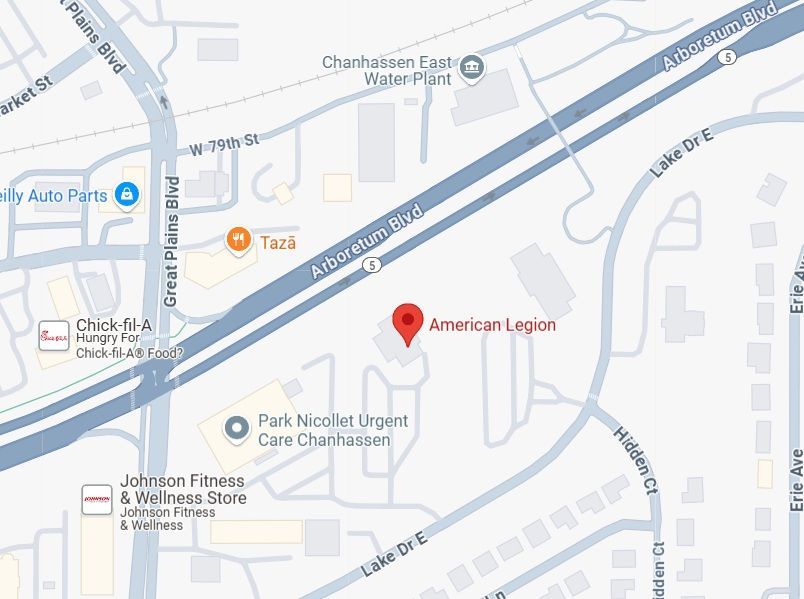 Map showing the location of the American Legion. Other businesses shown include Auto Parts, Taza, Chick-fil-A, and a fitness store.