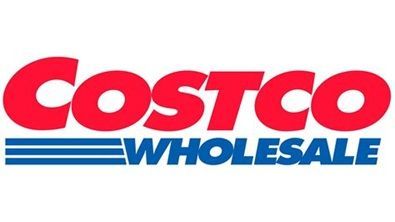 Costco Wholesale logo in red text over blue horizontal lines.
