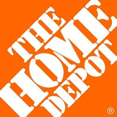 Home Depot logo: white text on an orange background, tilted diagonally.