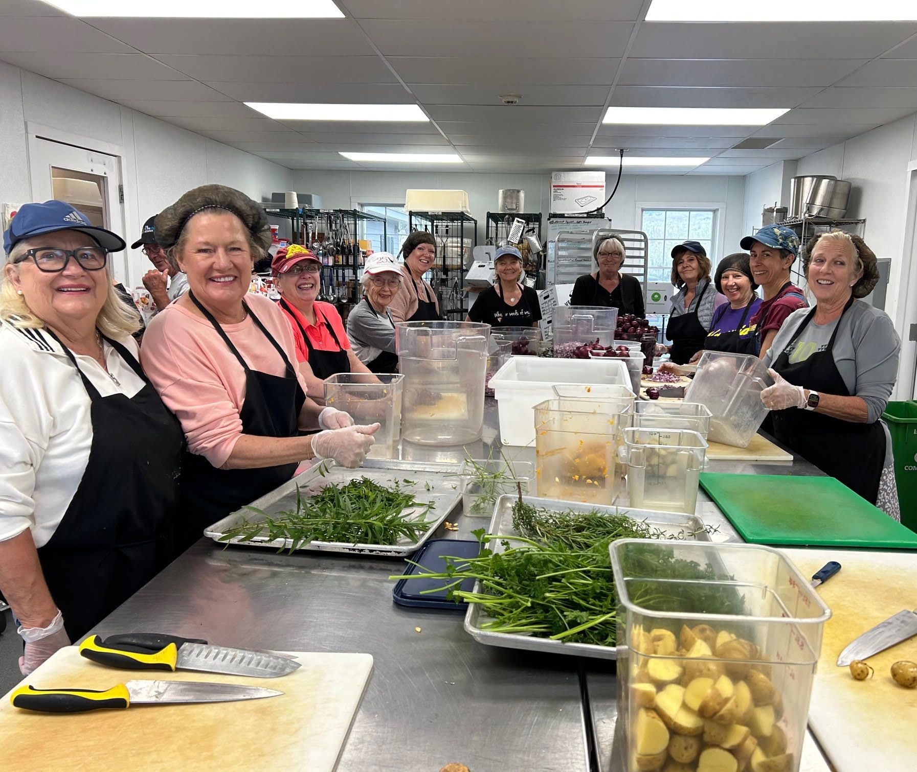 People preparing food in a commercial kitchen; chopping vegetables and assembling meals.