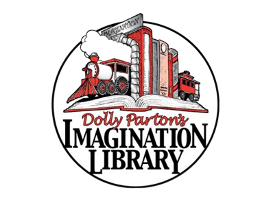 Dolly Parton's Imagination Library logo: Train on books, smoke from engine, circular design.