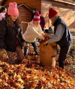 People raking leaves into a bag. They wear hats and gloves. Autumn scene with trees and a building.