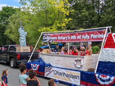 Parade float with Statue of Liberty, boat design,