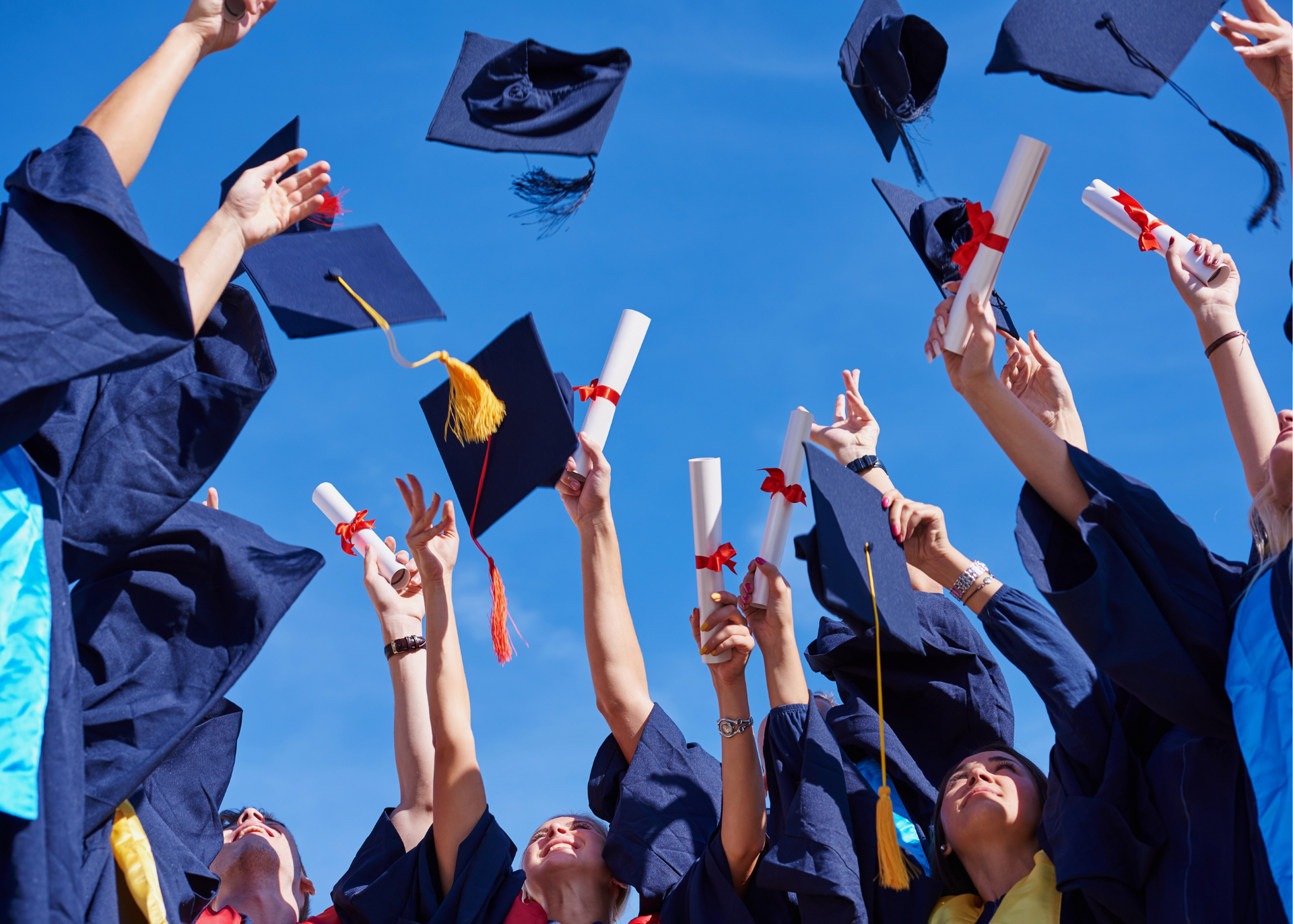Group of students throwing graduation caps