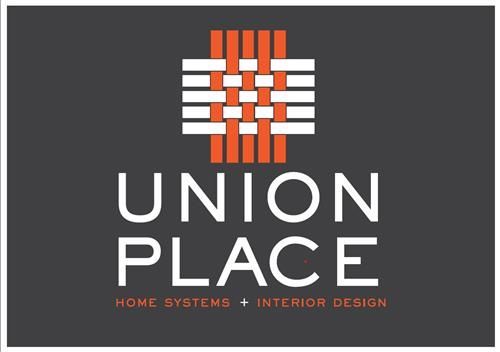 Logo for Union Place, with text over a dark gray background and a woven pattern in white and orange.