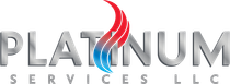 The logo for platinum services llc has a red and blue flame on it.