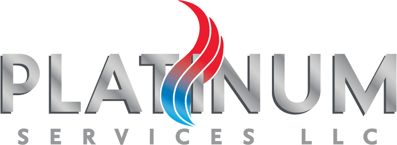 The logo for platinum services llc has a red and blue flame on it.