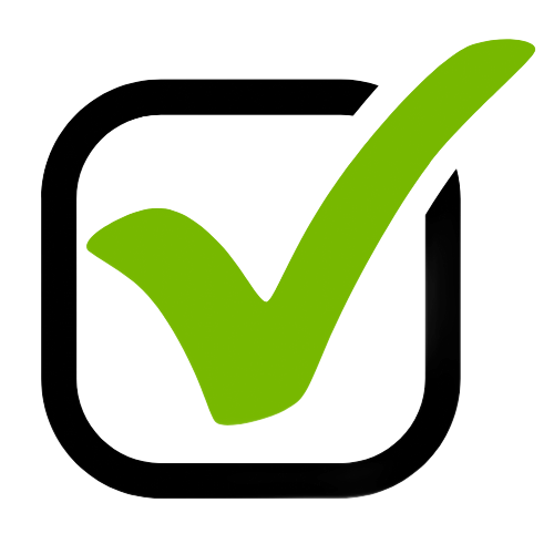 A bright green check mark inside a rounded black square.