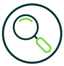 A green magnifying glass icon centered inside a dark circle.