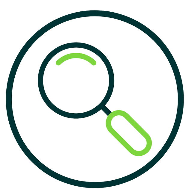 A green magnifying glass icon centered inside a dark circle.