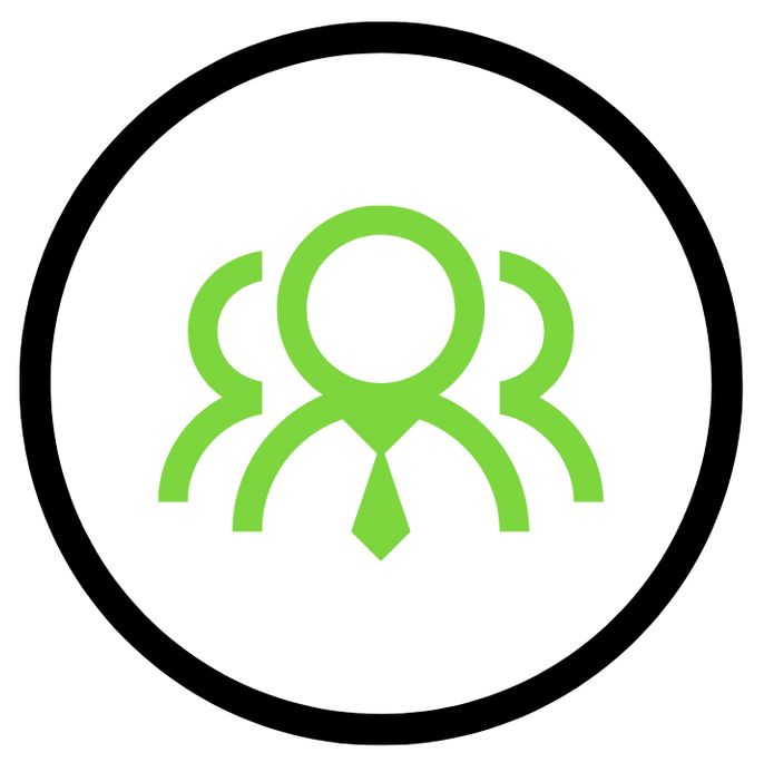 A lime green icon of three stylized figures standing together, centered within a black circle.