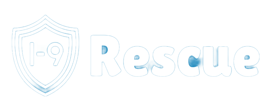 A white logo featuring a shield icon containing a stylized "+9" next to the word "Rescue" in a rounded, modern font.