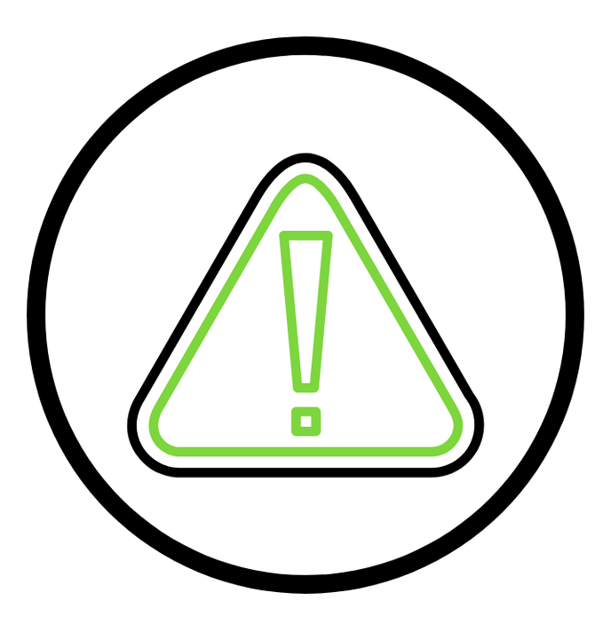 A black circular outline enclosing a light green triangle containing a vertical exclamation mark.