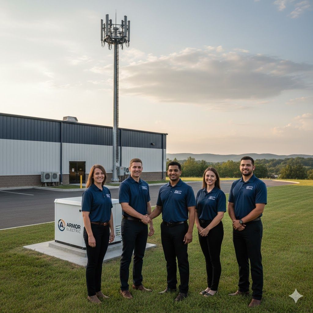 Five people in blue shirts stand in front of a cell tower and building on a grassy area.