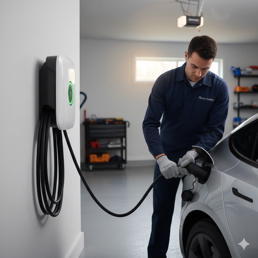 Man connecting EV charger to a silver car in a garage.