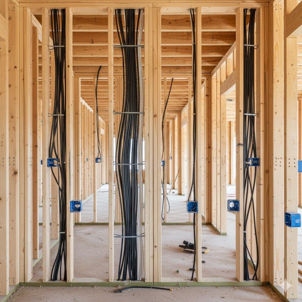 Wooden framing with black electrical wiring running through it, in a construction setting.