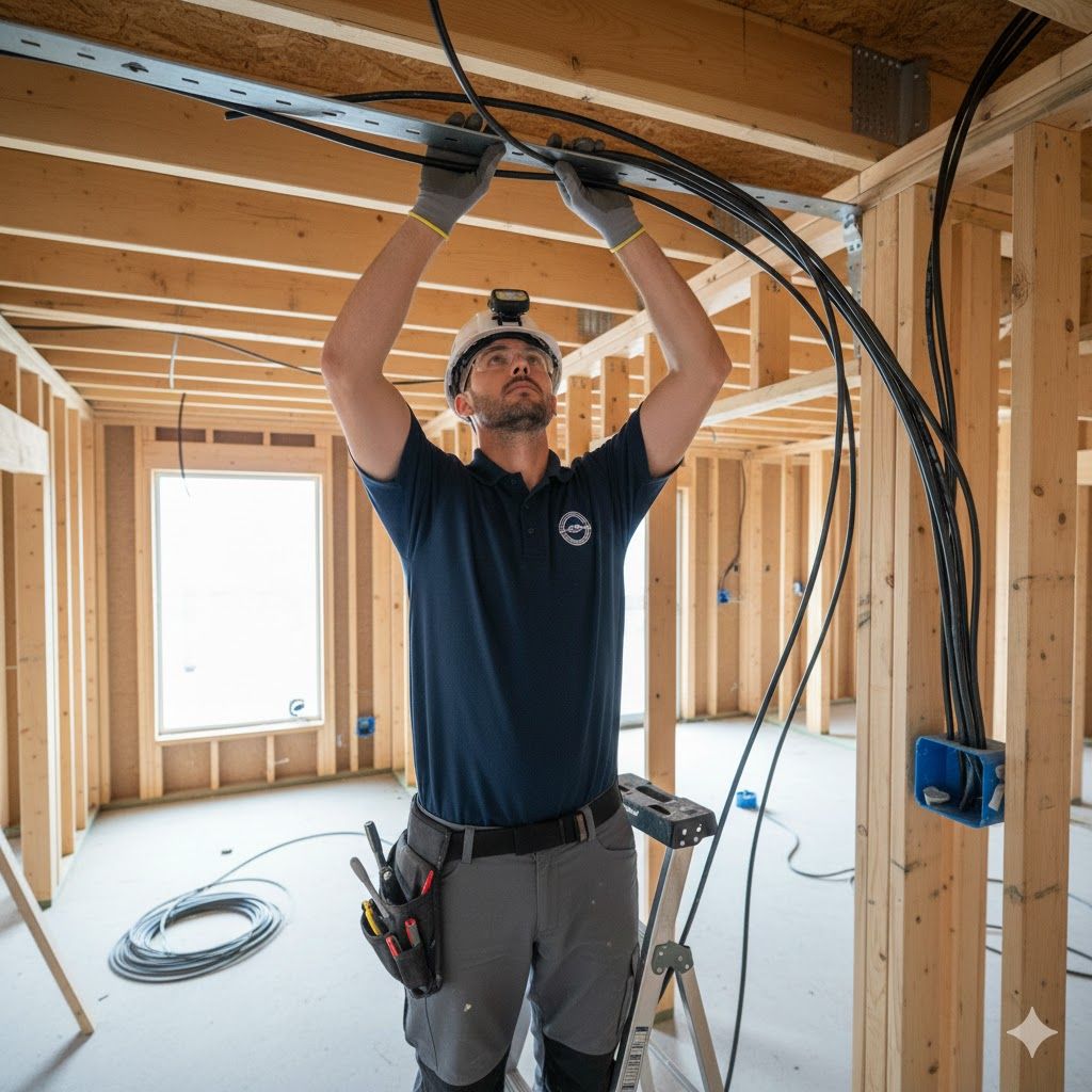 Electrician installing wiring in a new home's wood frame, wearing gloves and a hard hat.