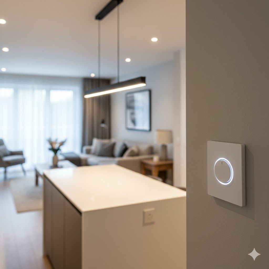 White smart light switch on a wall with a blurred modern living room in the background.