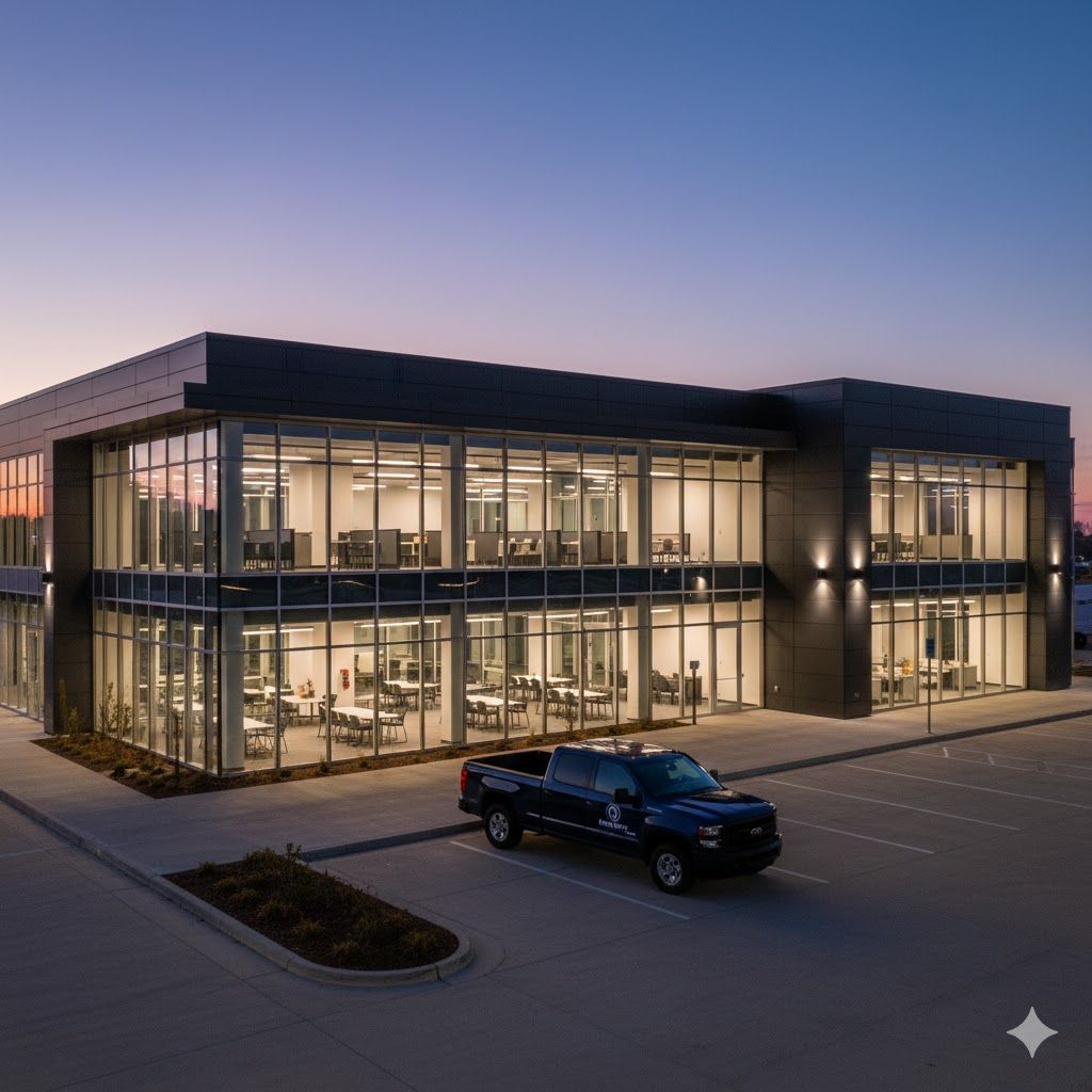 Modern two-story office building with dark facade, glass windows, and a parked black pickup truck in front at dusk.