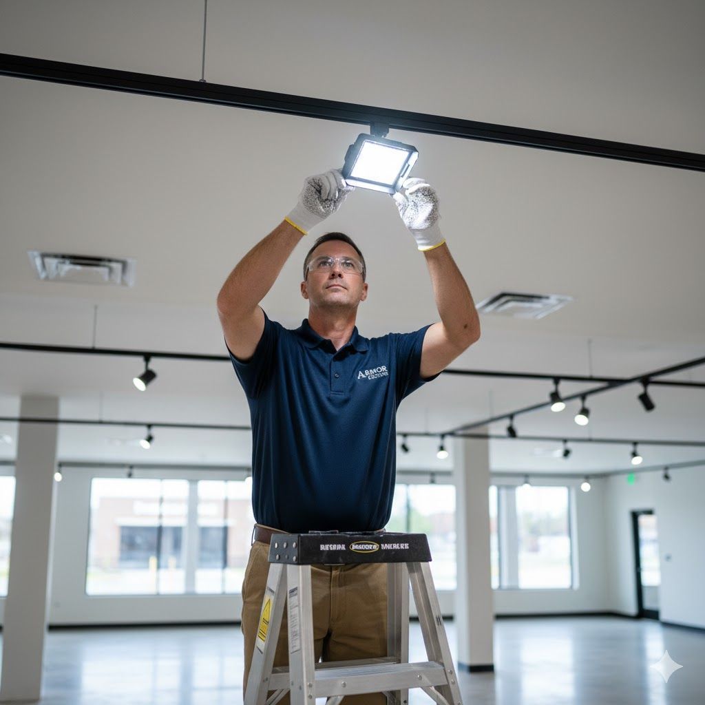 Man in blue shirt on a ladder, installing a ceiling light in a white-walled room.