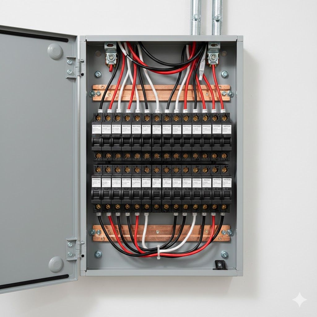 Open electrical panel with circuit breakers, wires, and bus bars on a white wall.