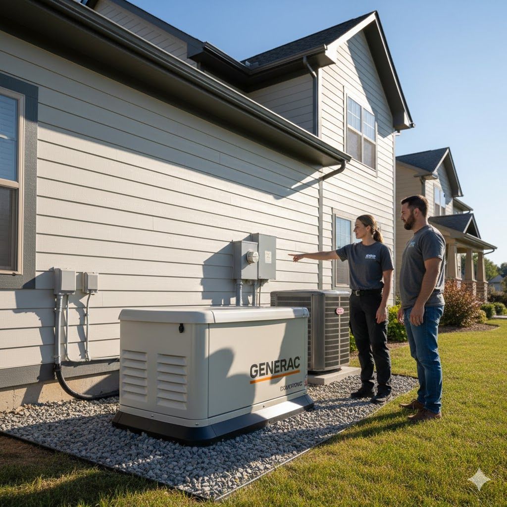 Two people stand near a home standby generator. One points, discussing installation. Sunny day.