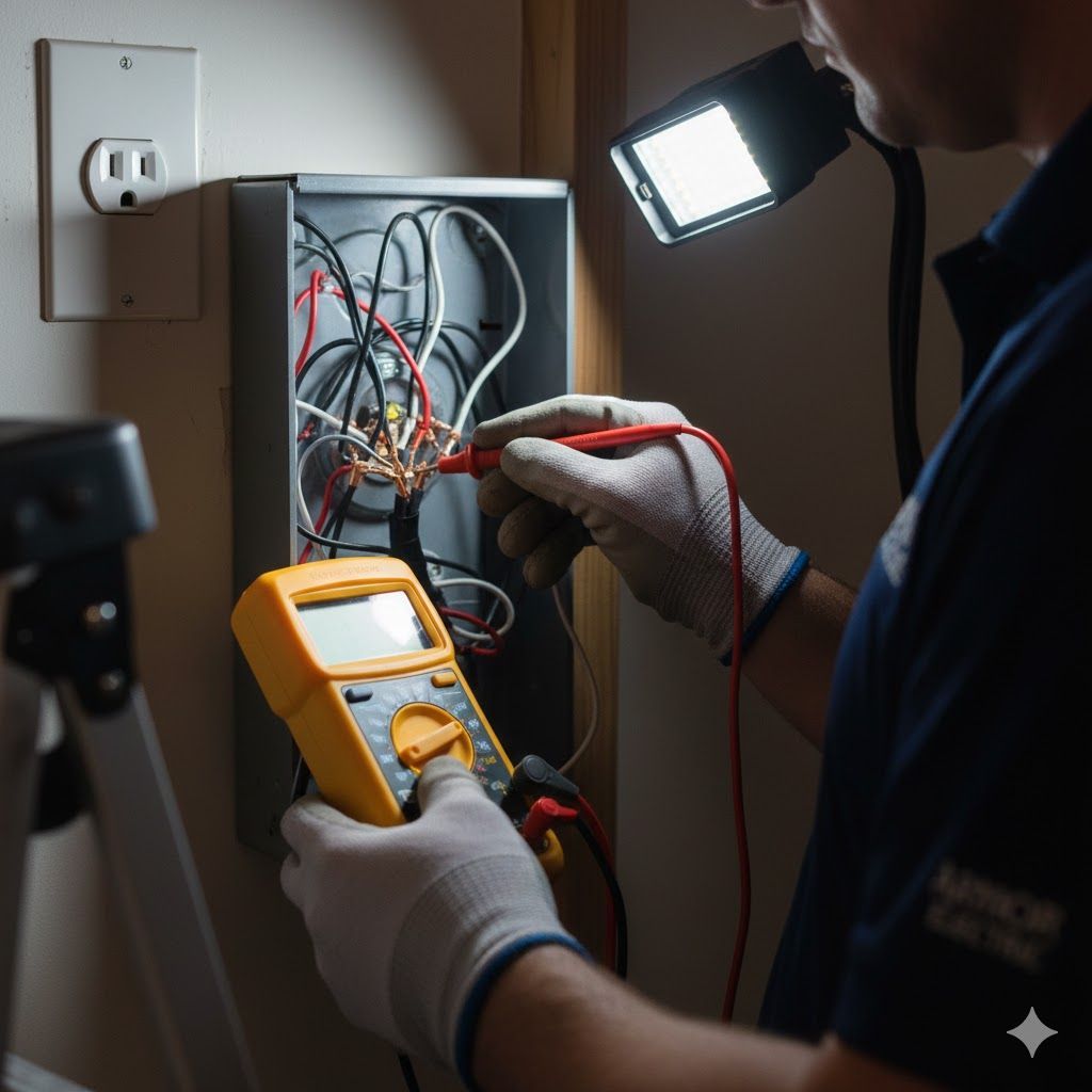 Electrician testing wires in a metal box with a multimeter, illuminated by a work light, next to an outlet.