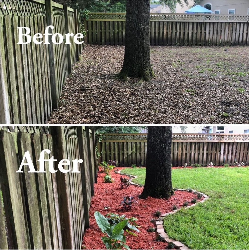 A before and after picture of a backyard with a wooden fence and mulch.