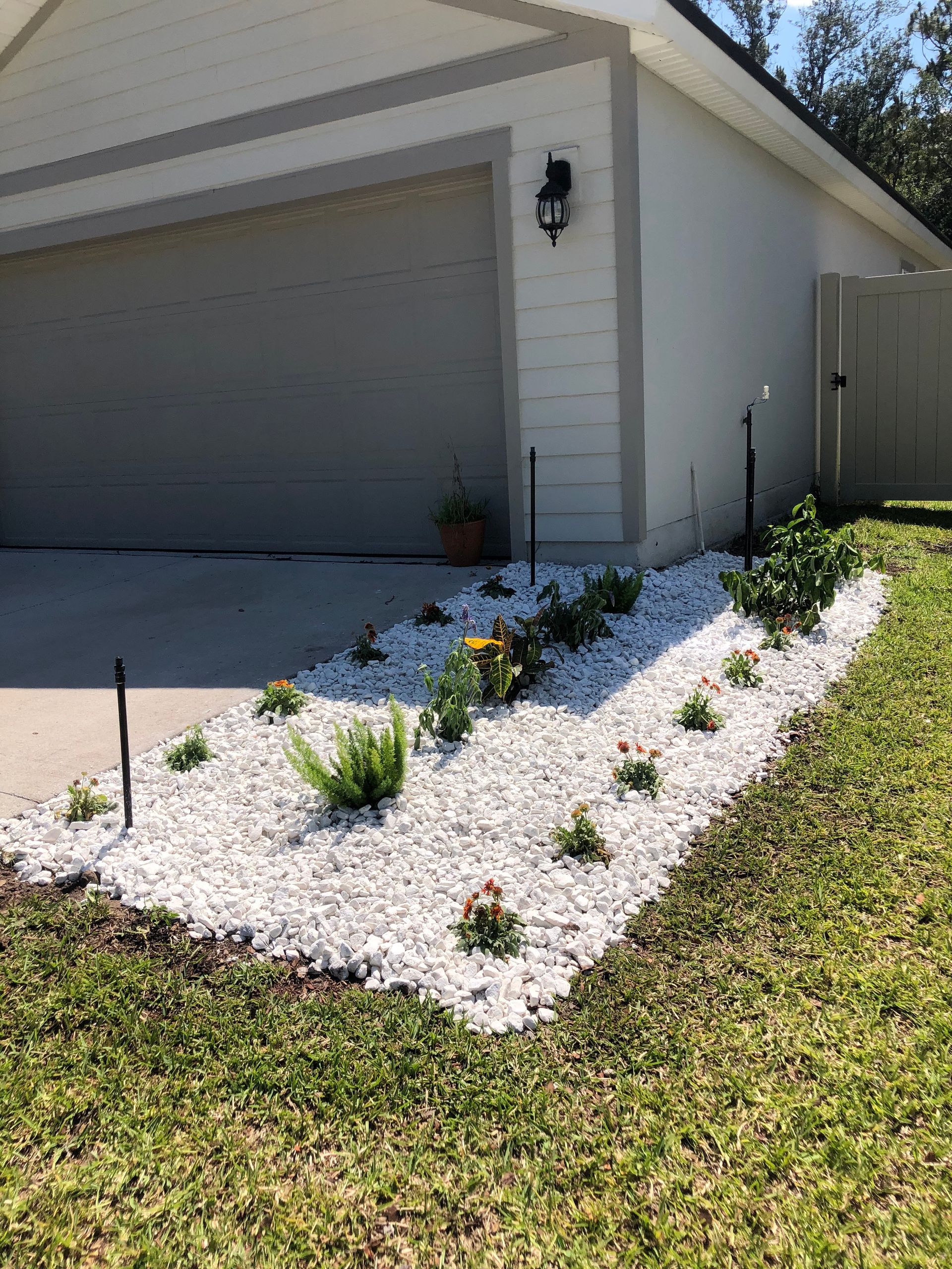 A yard with white gravel and plants in front of a house.