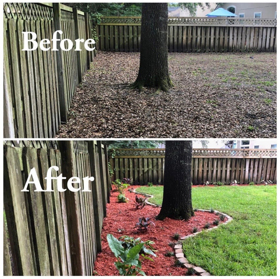 A before and after picture of a backyard with a wooden fence.