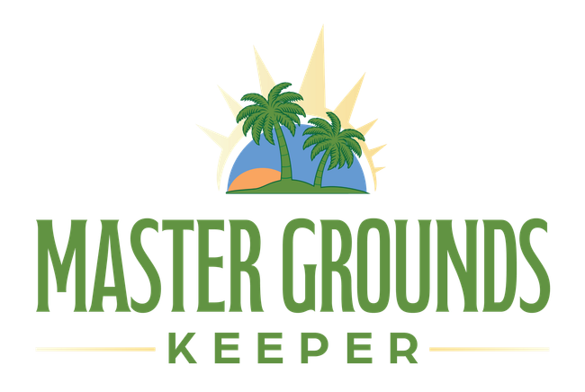 The logo for master grounds keeper shows two palm trees on a tropical island.