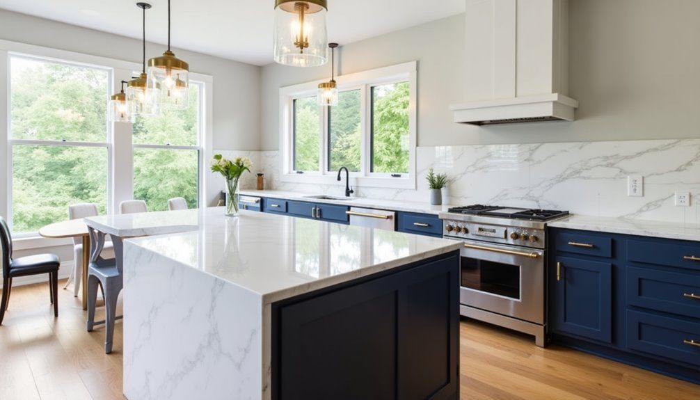 A kitchen with blue cabinets , white counter tops , stainless steel appliances and a large island.