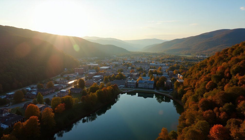 An aerial view of a lake surrounded by mountains and trees.