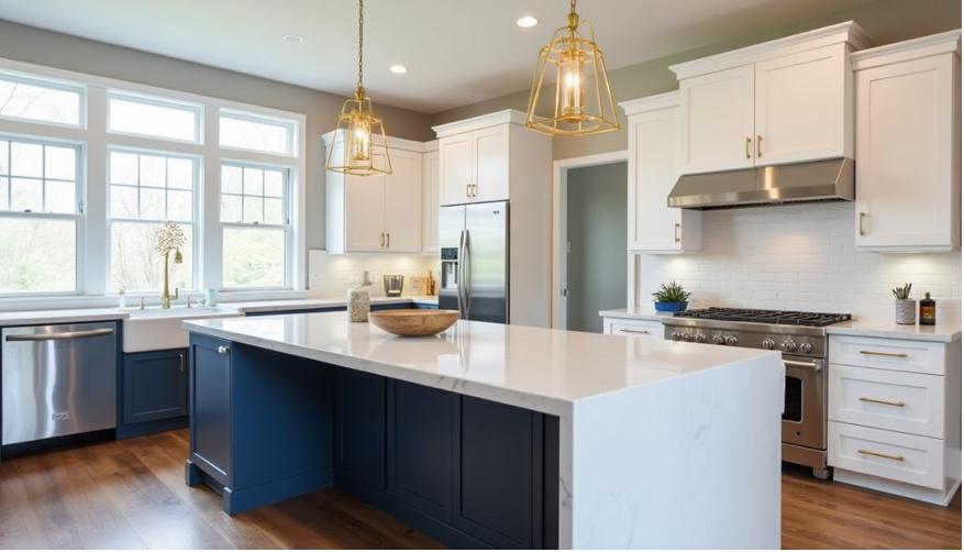 A kitchen with white cabinets , stainless steel appliances , a large island and a ceiling fan.
