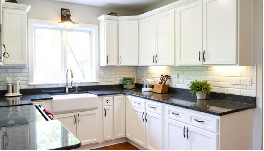 A kitchen with granite counter tops , stainless steel appliances , and white cabinets.