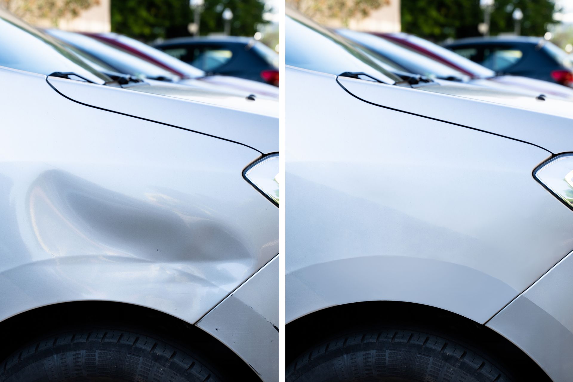 A before and after photo of a car 's fender