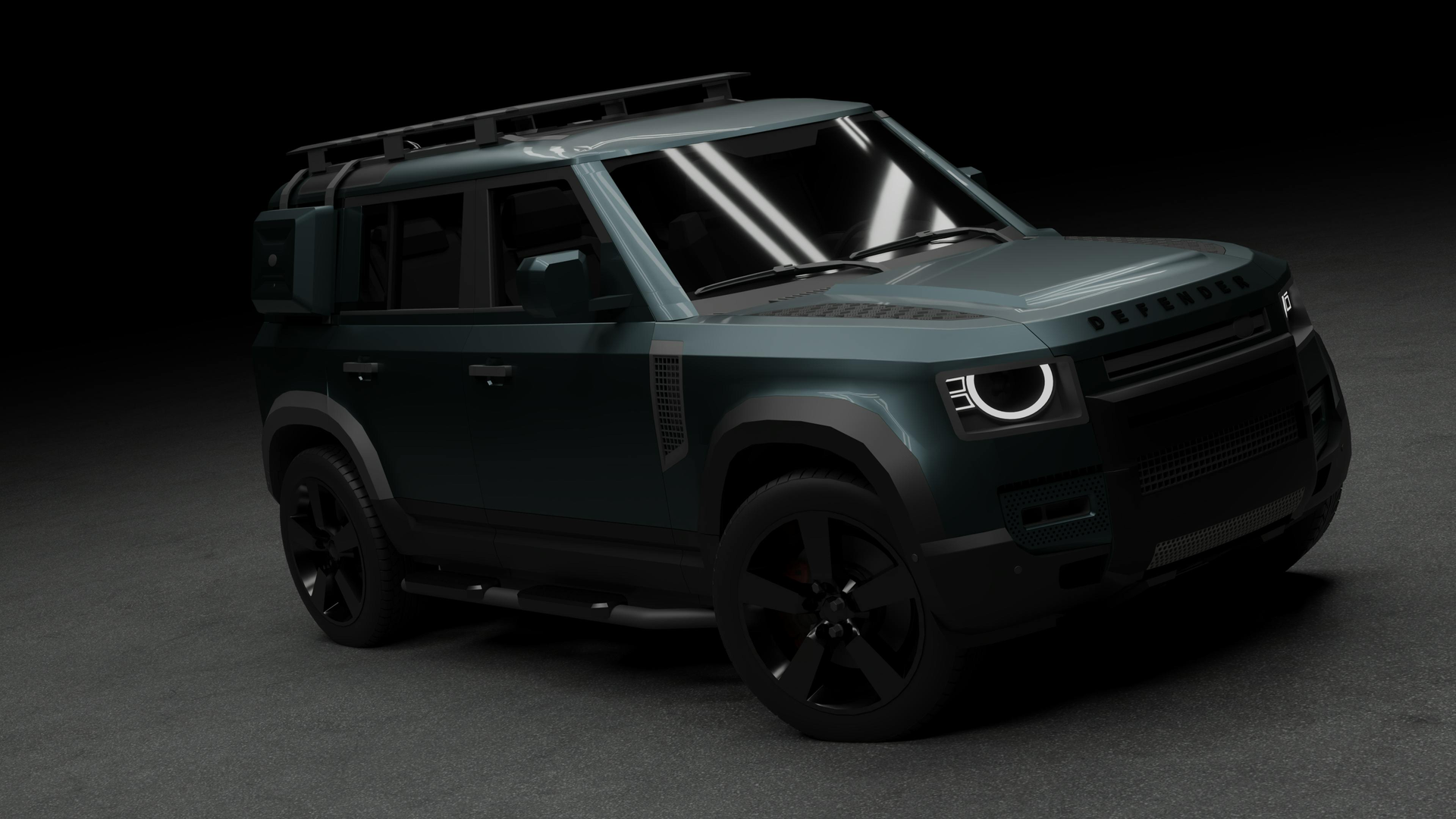 A black land rover defender is parked on the street in the dark.