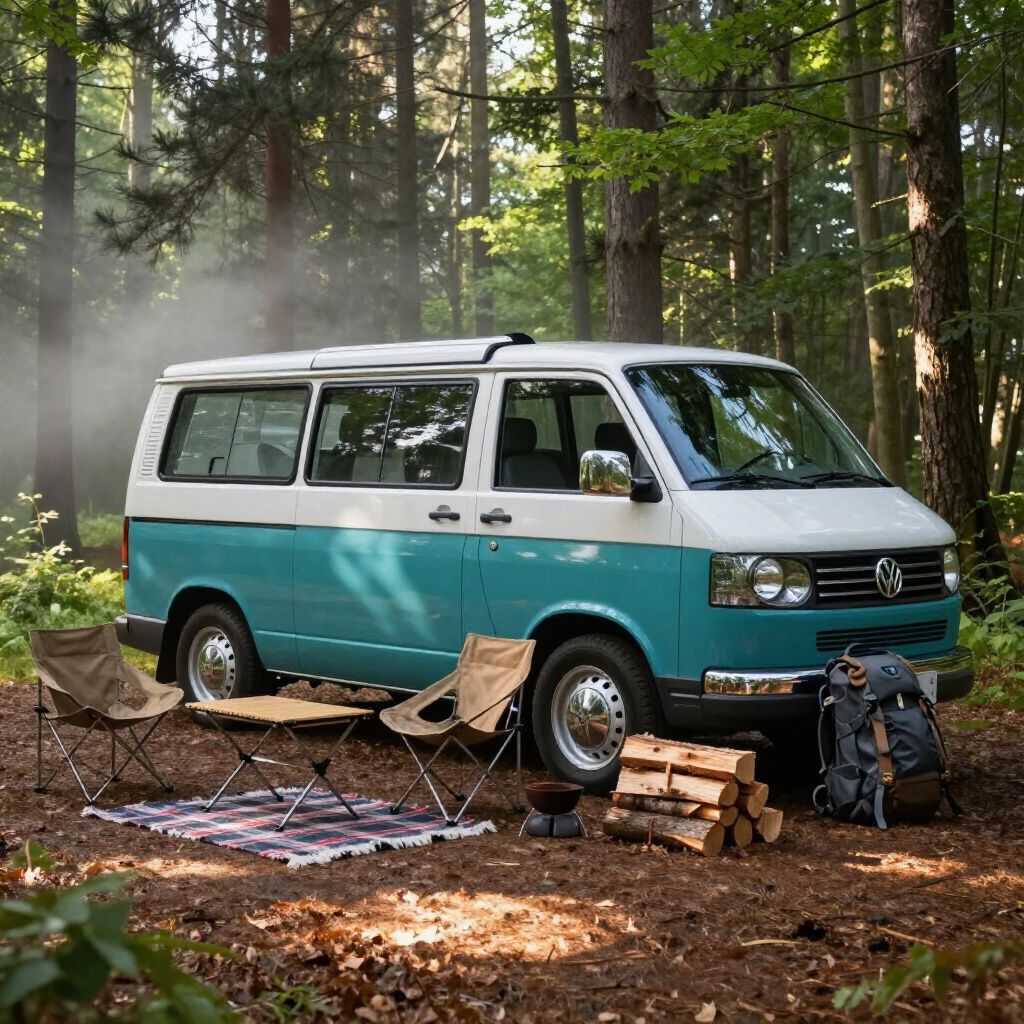 Een turquoise en witte Volkswagen camperbus staat geparkeerd op een camping in het bos, met kampeerspullen in de buurt.