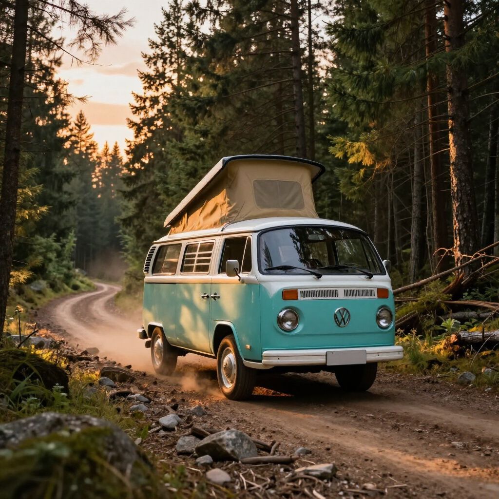 Een lichtblauwe vintage camper rijdt over een onverharde weg door een bos bij zonsondergang.