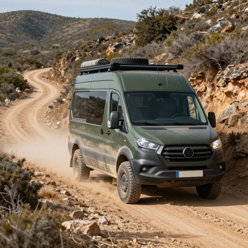 Een groene camper rijdt over een onverharde weg in een bergachtig landschap en jaagt stof op.