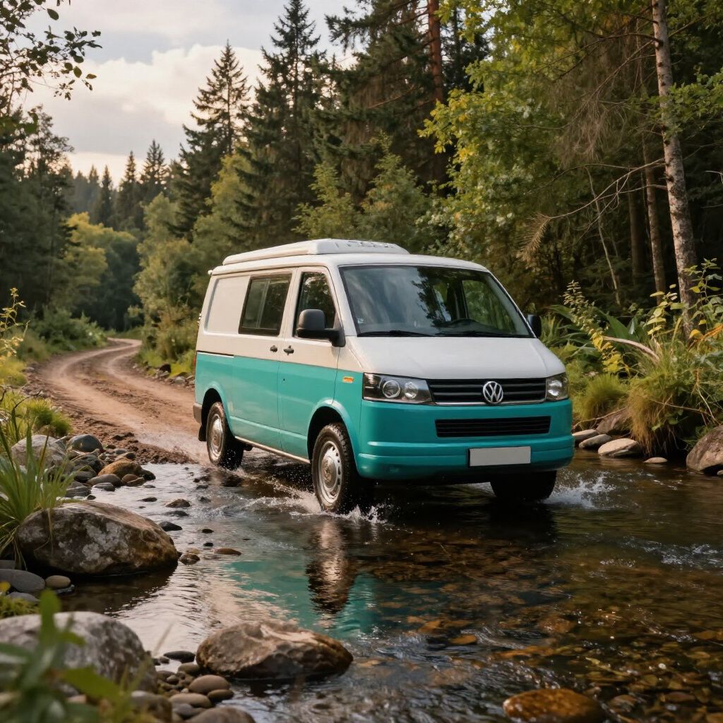 Een turquoise en witte camper waadt door een ondiepe beek op een onverharde weg in een bos.