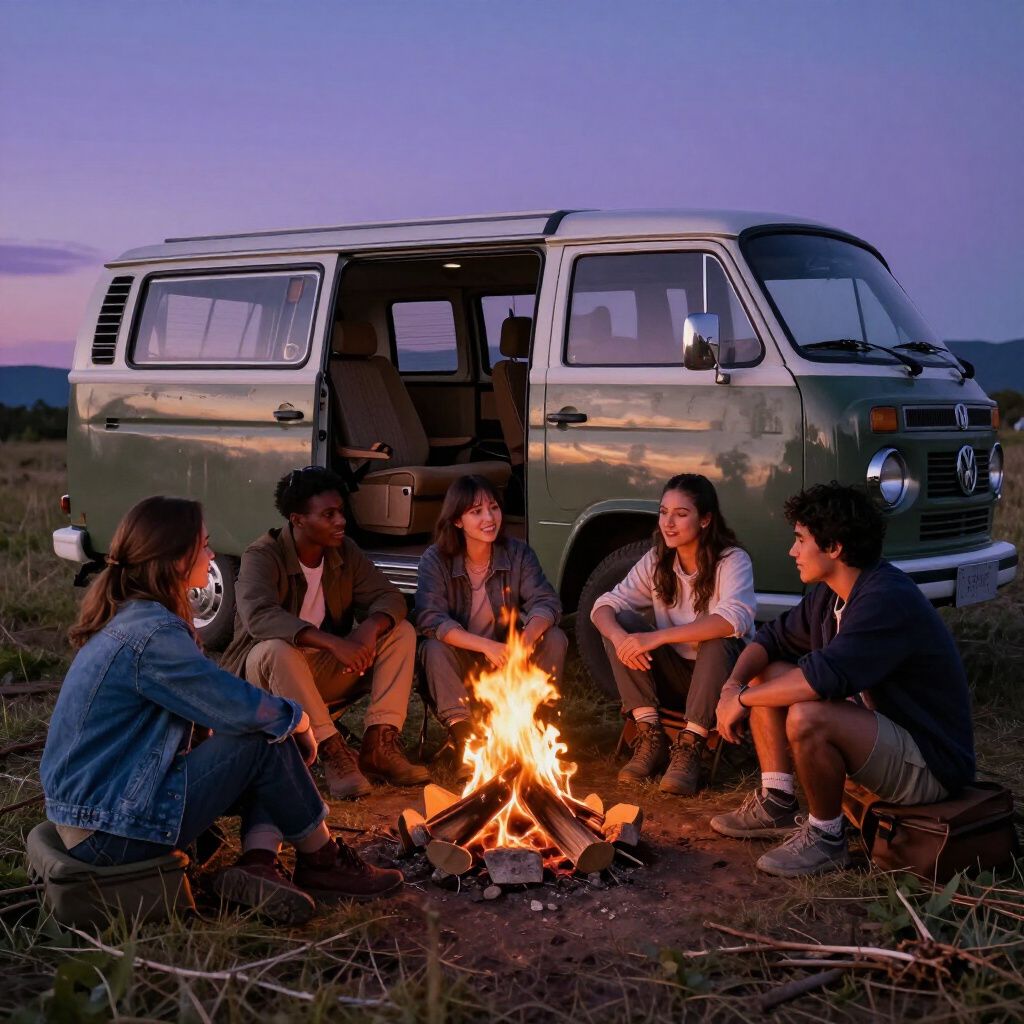 Een groep mensen zit rond een kampvuur naast een vintage groene bestelwagen in de schemering.